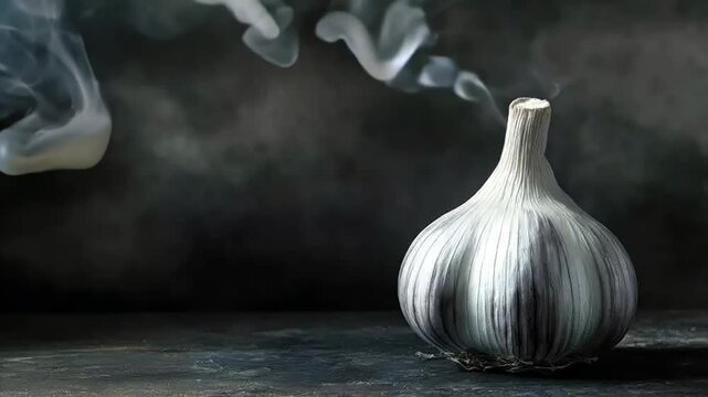 Mystical smoke swirling around single garlic bulb in dramatic lighting scene