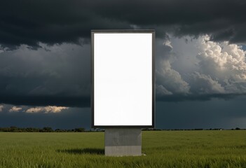 A solitary, blank billboard stands in a vast, grassy field under a dramatic stormy sky, inviting viewers to imagine what might happen on its screen
