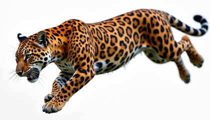 Obraz premium Powerful jaguar leaps gracefully in dynamic motion. Rosette pattern highlights animals strength, agility in wild nature. Big cat shows impressive power, grace in habitat. Jaguar fierce predator.