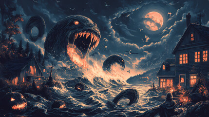 Haunting ethereal sea creatures terrorizing coastal village on all hallows eve in chiaroscuro. Cosmic Horror Influences. Illustration