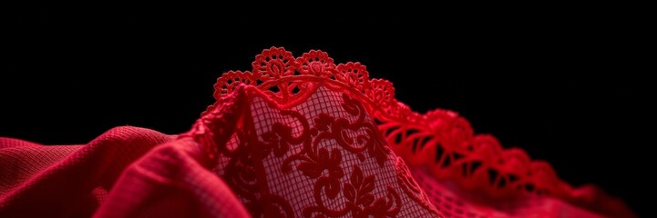 Obraz premium Red lace fabric delicately draped, evoking a romantic and intimate mood, showcasing intricate details against a contrasting black background