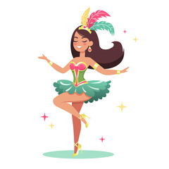 Dancer of Brazilian carnival. woman characters in exotic costumes with feathers dancing latin dances at samba and cabaret, fashion party cartoon vector illustration