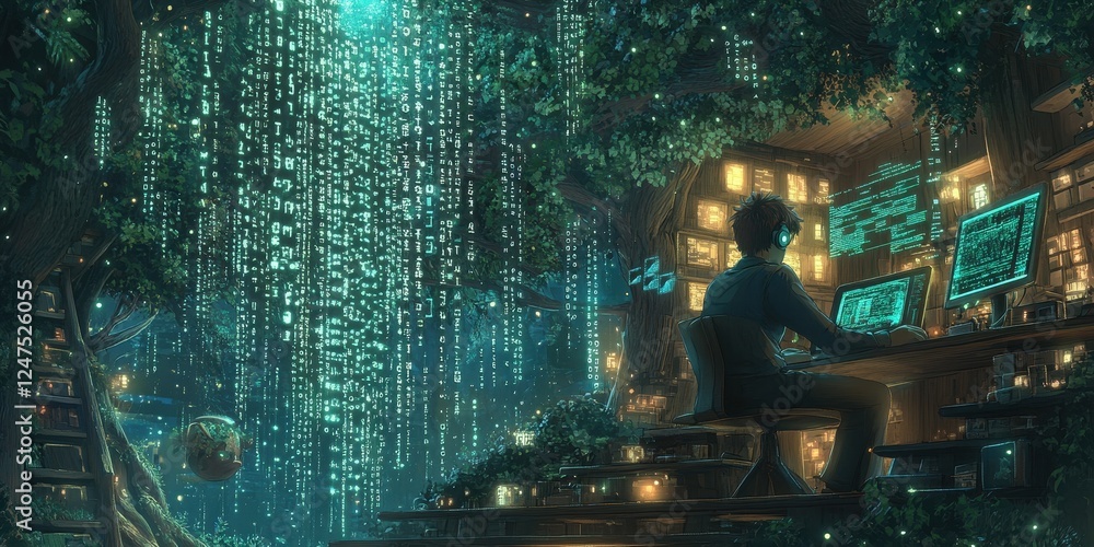 Poster man codes at a desk in a magical data forest