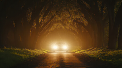 Fototapeta premium car headlights shine brightly through dark tunnel of trees, creating mysterious and enchanting atmosphere. scene captures beauty of nature and allure of nighttime driving