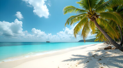 Tropical Beach Paradise: White Sand, Azure Water, Palm Trees, and Sunny Blue Sky - Caribbean Vacation Destination Image