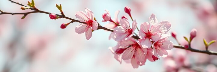 Obraz premium Cherry blossoms in full bloom radiating beauty and tranquility against a soft blue background symbolizing renewal
