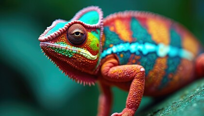 Close-up vibrant chameleon. Colorful reptile in tropical setting. Animal displays intricate patterns, vivid colors. Nature macro photo. Exotic wildlife. Beautiful closeup detail of head. Detailed