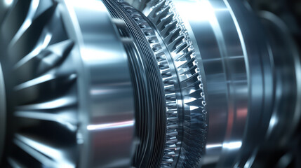 Fototapeta premium close up of engine cooling system showcasing intricate metal components and precision engineering. shiny surfaces reflect light, emphasizing complexity and functionality of machinery