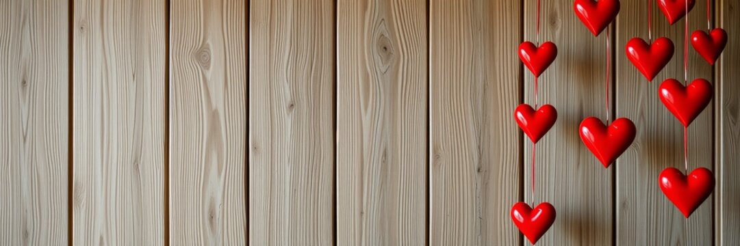 Hanging red hearts against a rustic wooden background exuding a romantic and playful vibe representing love and affection for Valentine's Day