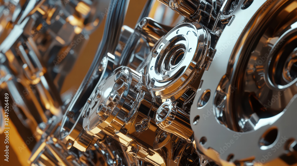 Poster close up of engine intricate components showcasing metallic gears, pistons, and mechanical details. 