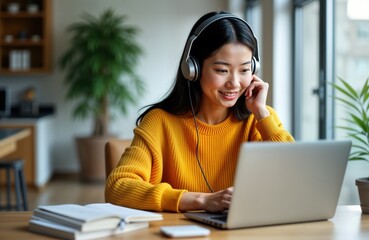 Asian woman sits at wooden table, intently watches webinar on laptop. Focused student wearing headphones takes notes in notebook. Online education course. Casual attire. Modern tech used for