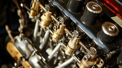 close up of engine ignition system showcasing intricate details and components. image highlights metallic textures and precision engineering involved in automotive design