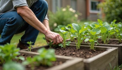 Fototapeta premium Older adult tends a raised garden bed. Carefully pulling weeds and adding soil to thriving plants. Summertime outdoor activity. This image shows dedication to gardening and the joy of fresh produce.