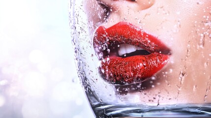 Fototapeta premium Close-up of red lips behind glass with water droplets