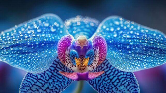Blue orchid, dew drops, close-up, blurred background, floral design