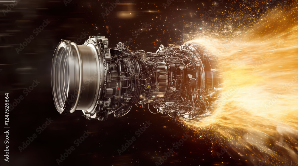 Poster conceptual art piece of engine in motion, showcasing dynamic energy and vibrant flames. intricate de