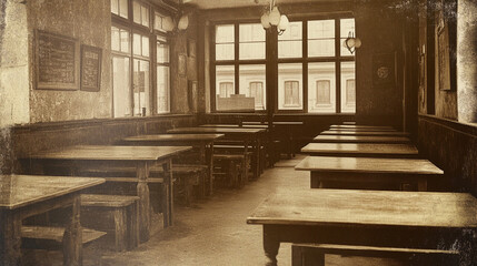 Historic classroom featuring wooden benches, high windows, and old-fashioned academic setting