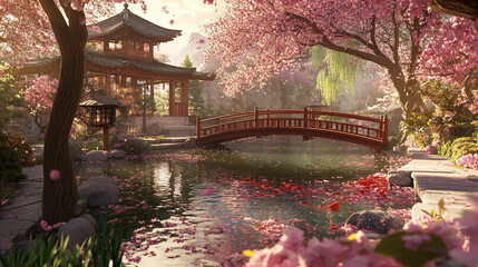 Traditional Japanese red bridge over tranquil pond surrounded by cherry blossoms, peaceful nature scenery