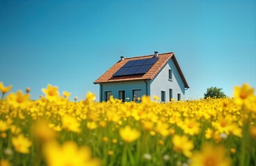 Modern house with solar panels on roof stands in field of yellow flowers under clear blue sky. Eco-friendly home with sustainable energy. Exterior view of residential building with photovoltaic