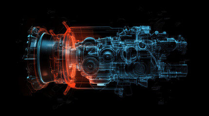 conceptual engine design with digital overlays showcasing intricate mechanical components and glowing elements, emphasizing innovation and technology