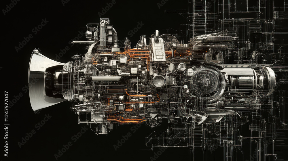 Poster futuristic engine design featuring intricate mechanical components and sleek metallic finish, set ag