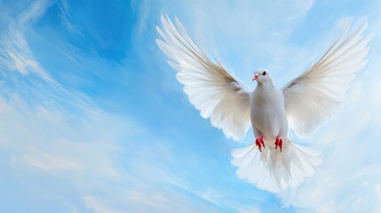 Fototapeta premium White dove in flight against clear blue sky with outstretched wings