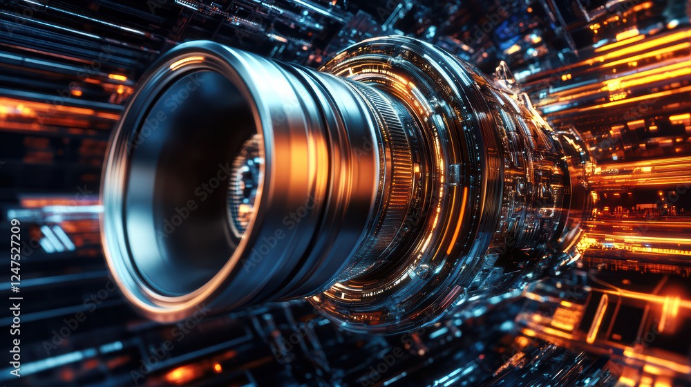 Poster futuristic engine design showcasing innovation and technology, featuring intricate metallic componen