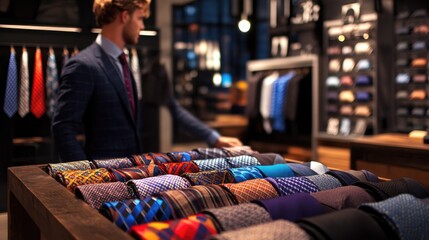 Young caucasian male shopping for ties in stylish men's clothing store
