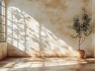 Sunlight Streams Through Window, Illuminating Plant in Potted Room