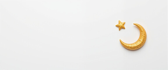 Golden crescent moon and star decoration on a clean white background representing Islamic traditions and celebrations