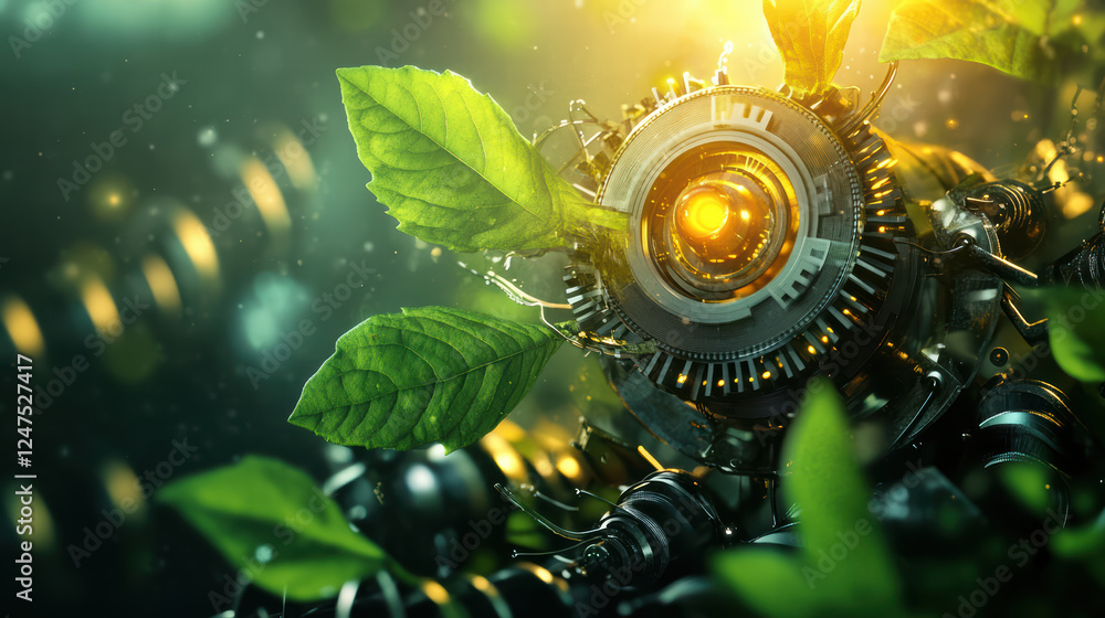 Poster conceptual engine design emphasizing sustainability, featuring mechanical elements intertwined with 