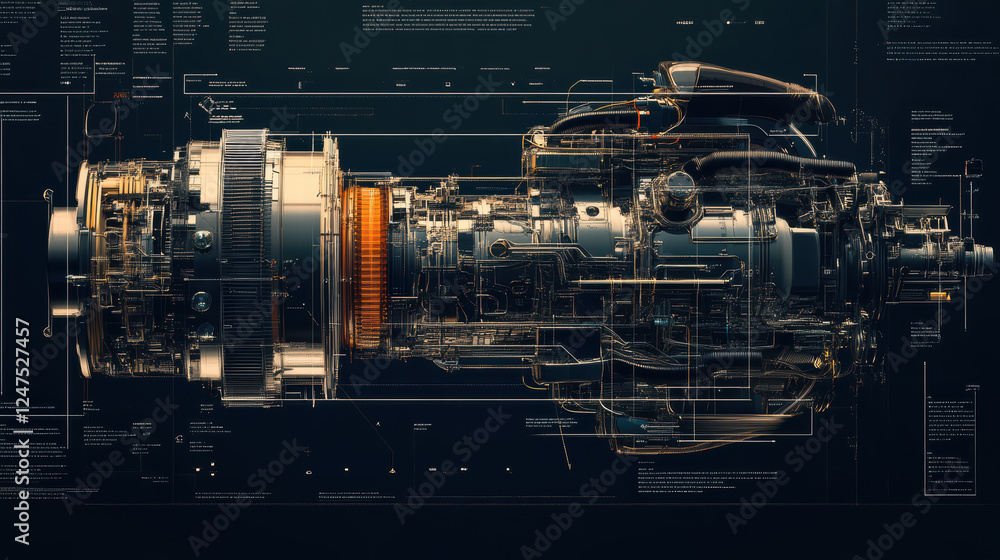Poster detailed diagram of engine showcasing intricate components and labels, illustrating complex design a