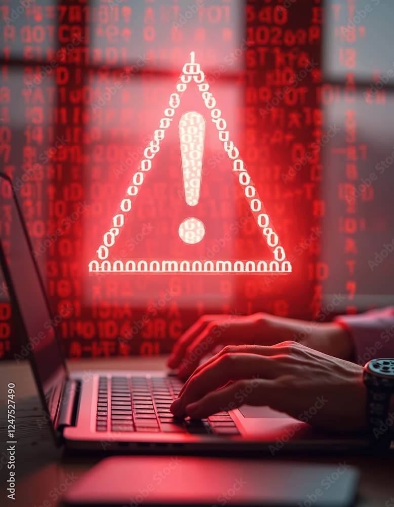 Poster business person works on laptop. red warning triangle with exclamation mark appears on screen. binar