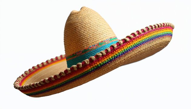 Colorful traditional Mexican sombrero hat isolated on white background. Unique straw headwear with vibrant rainbow colored trim. Perfect for Cinco de Mayo celebrations. Authentic cultural symbol of