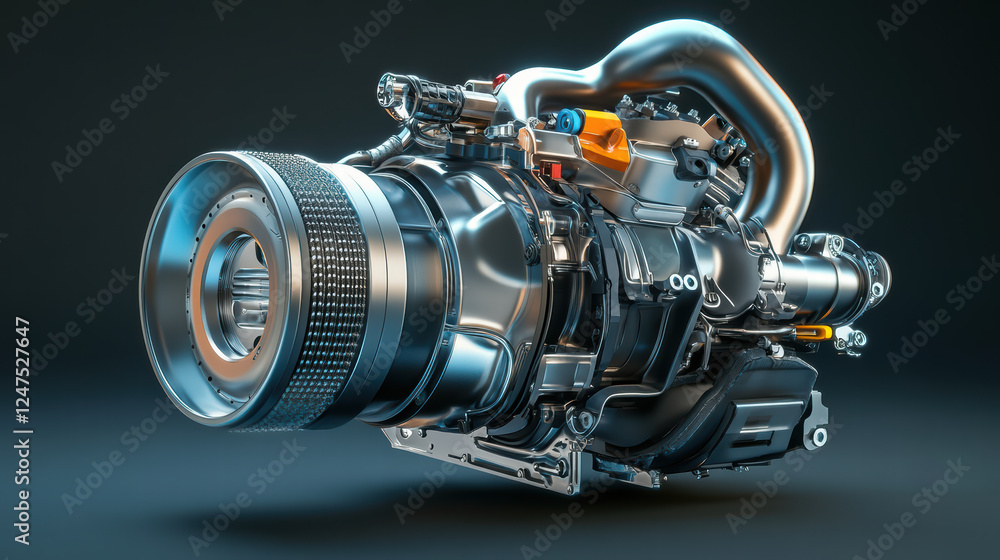 Poster detailed view of modern engine turbocharger showcasing its intricate design and metallic components,