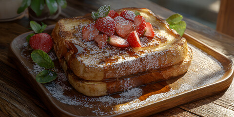 Gourmet French Toast with Seasonal Fruit, Strawberries, Raspberries, and Syrup: A Delicious Breakfast or Dessert Indulgence with Artful Presentation, Sweetness, and Fluffy Comfort Food Enjoyment