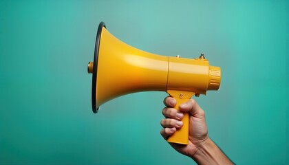 Hand holds yellow megaphone against teal background. Person makes announcement. Communication concept. Public address system. Image suitable for activism. Political rally. Protest. Media,
