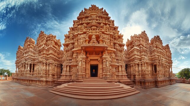 From the side, the Kakatiya Rudreshwara Temple can be seen in Palampet, Warangal, Telangana, India.