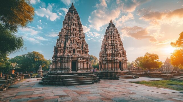The scene of Nandi Mandapam, positioned in front of Kakatiya Rudreshwara Temple, in Palampet, Warangal, Telangana, India.