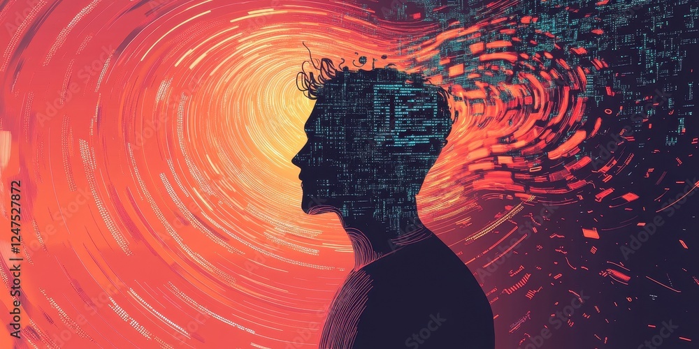 Poster silhouette of a person with abstract data streams from head