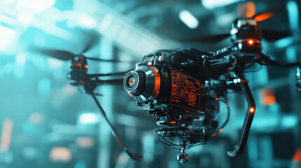 Fototapeta premium drone with advanced technology features in tech environment, showcasing its intricate design and glowing elements. scene conveys sense of innovation and modernity