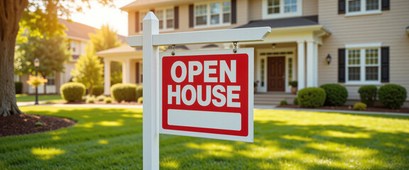 Open house sign in a well-kept front yard of a modern home exuding a welcoming atmosphere during a sunny day