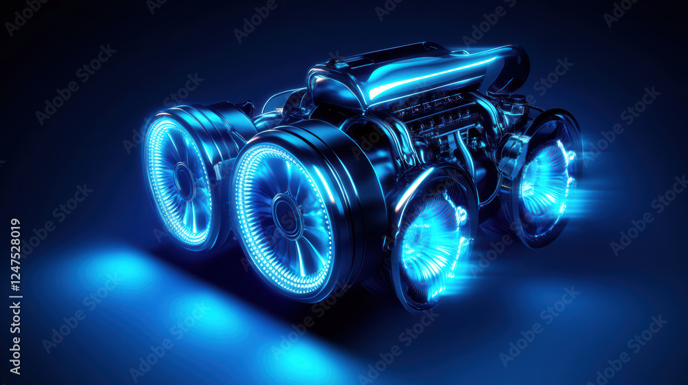 Poster futuristic engine design featuring glowing elements and sleek lines, showcasing advanced technology 