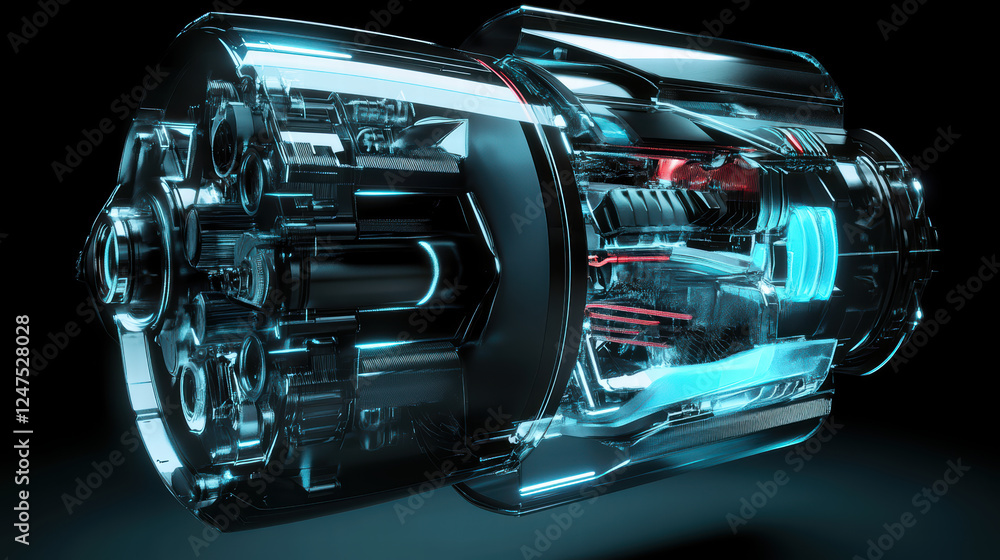 Poster futuristic engine design featuring glowing elements and intricate details, showcasing advanced techn