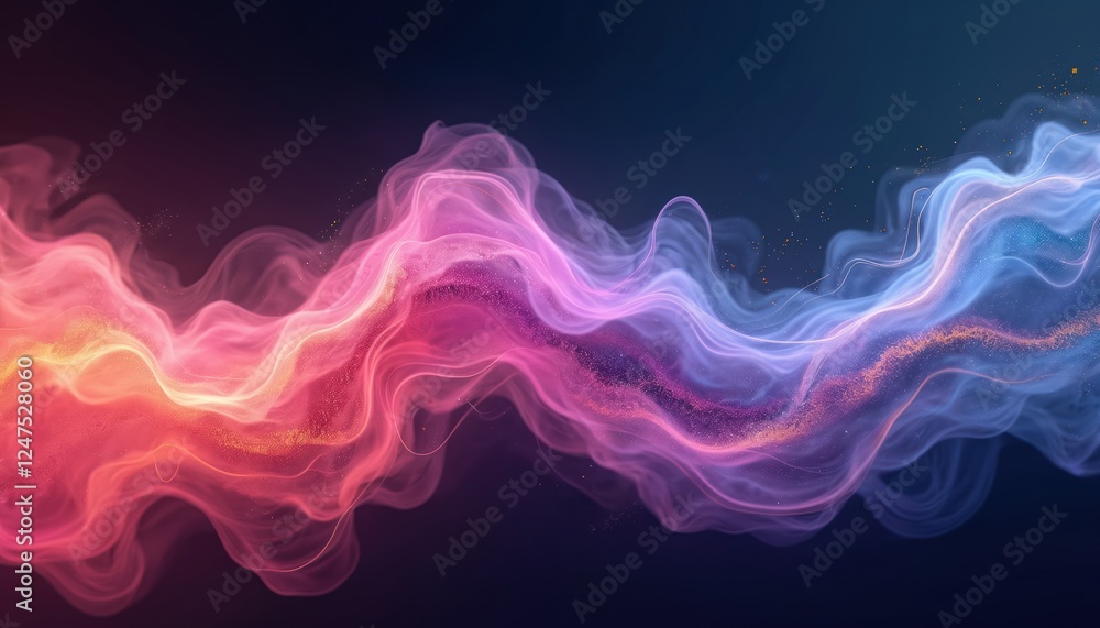 Poster abstract dynamic smoke waves in vibrant colors. fluid motion and glowing particles create a surreal 