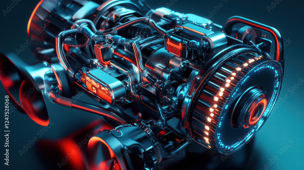 Poster futuristic engine design featuring glowing elements and intricate details, showcasing advanced techn