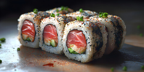 Sushi Rolls: Fresh Japanese Cuisine with Salmon, Avocado, and Seaweed, Artful Presentation of Gourmet Ingredients for a Delicious Dining Experience, Bite-Sized Delicacies and Flavorful Treats