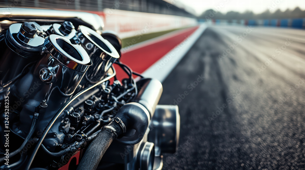 Poster high performance engine on racing track, showcasing intricate details and precision engineering. vib