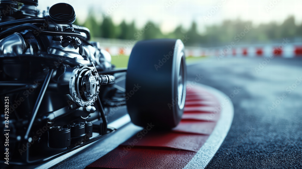 Poster high performance engine on racing track, showcasing speed and precision. close up view highlights in