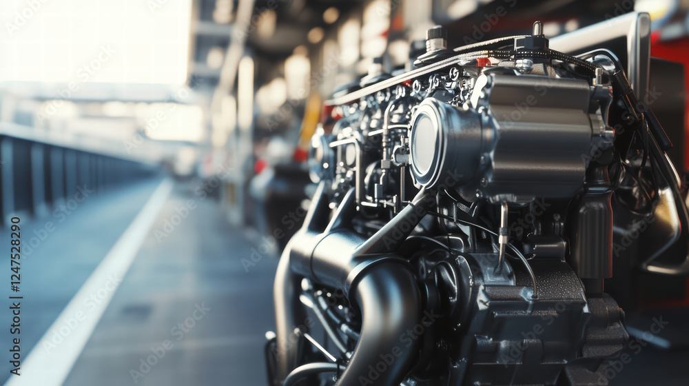 Poster high performance engine on racing track, showcasing intricate design and engineering. powerful machi